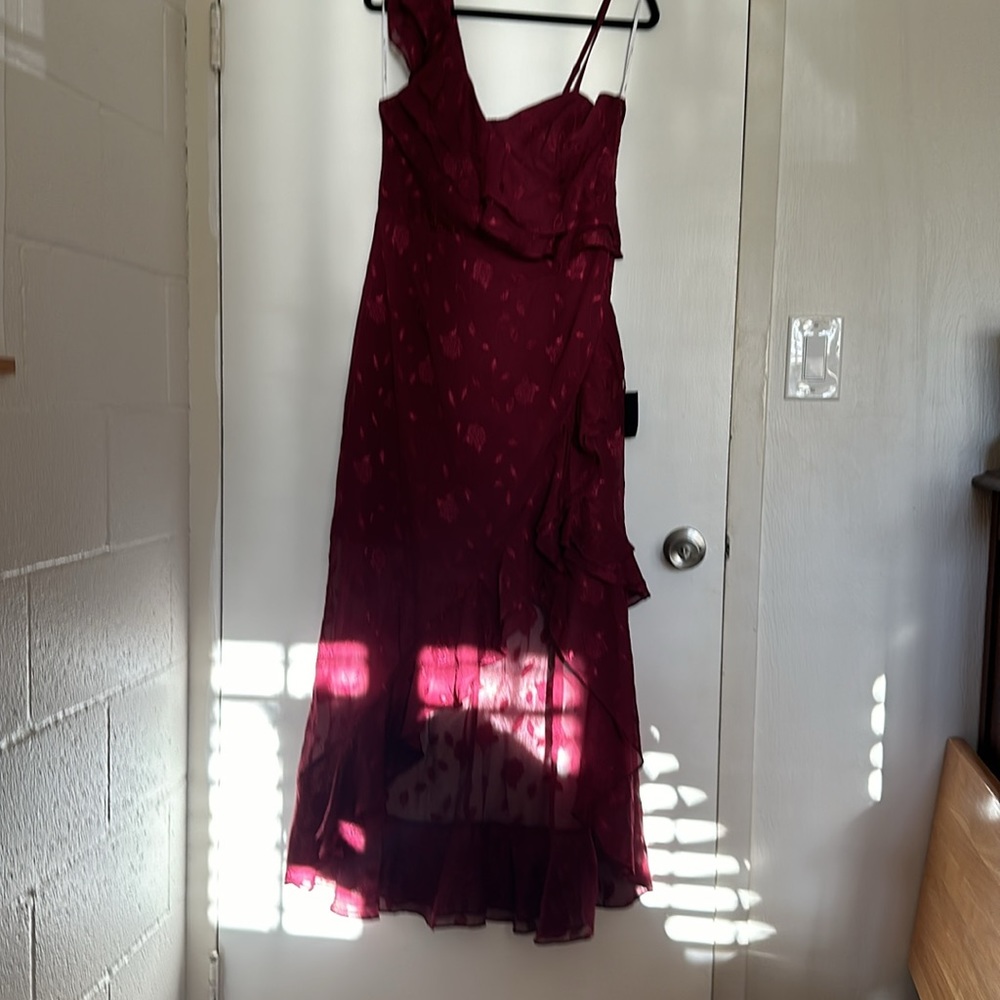 Lulus Forever Be burgundy floral jacquard ruffle maxi dress - Picture 2 of 2
